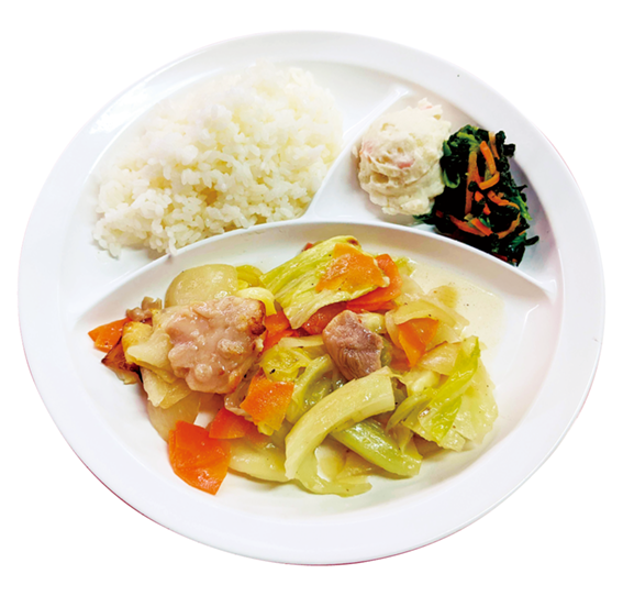 塩だれ炒めと野菜、白飯の朝食プレート